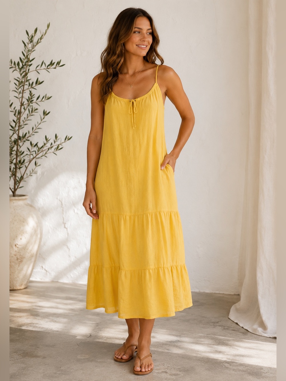 FRESH LAUNDRY Yellow Linen Midi Tiered Boho Lagenlook Dress size Large